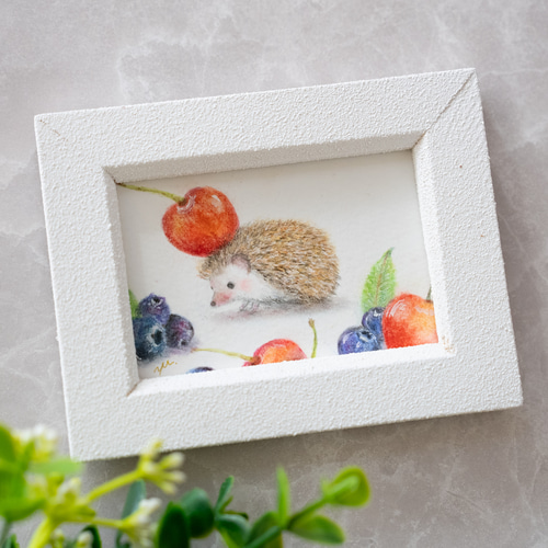 原画・フレーム付き】「さくらんぼを載せたハリネズミ」 パステル