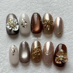 豪華お花パーツネイルチップ♡[うるうるブラウン]成人式.卒業式.結婚式