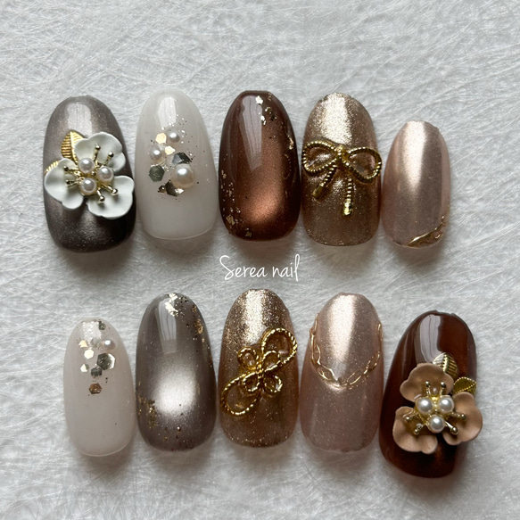 ♡大人な春のブラウンフラワー♡ ネイルチップ　ハンドメイド bdf424f485bbec8acda31837e41d09