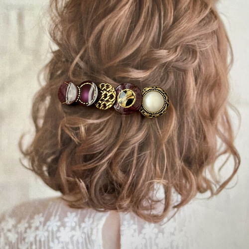 パープルとゴールドのヘアクリップ 高級ヴィンテージボタン大人紫の