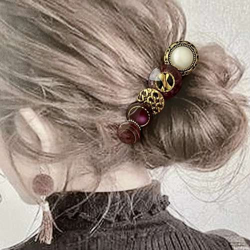 パープルとゴールドのヘアクリップ 高級ヴィンテージボタン大人紫の