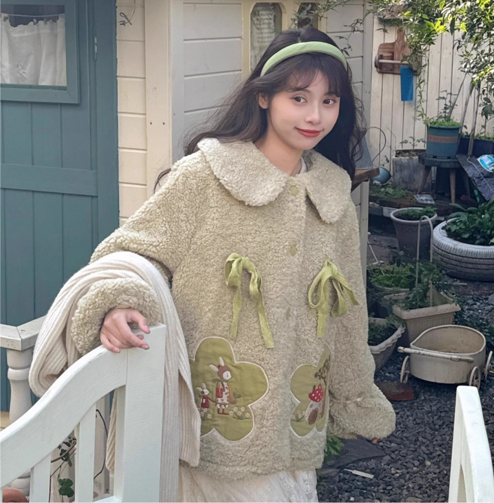 フレッシュグリーン田園刺繍パイル蝶ネクタイコート綿衣 41049