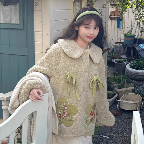 フレッシュグリーン田園刺繍パイル蝶ネクタイコート綿衣 41049 コート