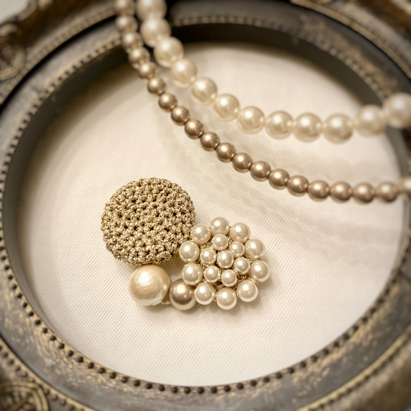 sparkling crochet  輝くクロッシェとパールのブローチ〈heart〉gold 2枚目の画像