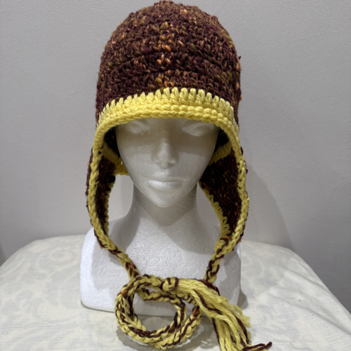 No. 756新作イヤーフラップビーニー『茶系のツィードと黄色』 ニット帽