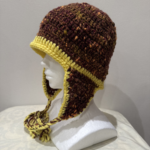 No. 756新作イヤーフラップビーニー『茶系のツィードと黄色』 ニット帽