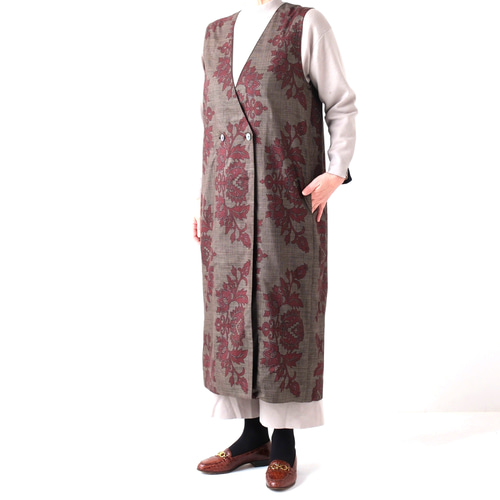 アンティーク大島紬のジレ ロングベスト 着物リメイク ベスト