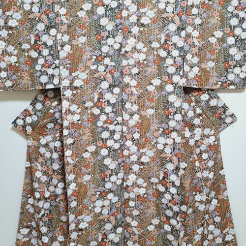 着物-辻が花着物36《辻が花フェア》【小紋正絹】 染め分け【未使用しつけ付き】 少しトール】ワンタッチ着物 くらわん着物 正絹小紋リメイク 花辻が花