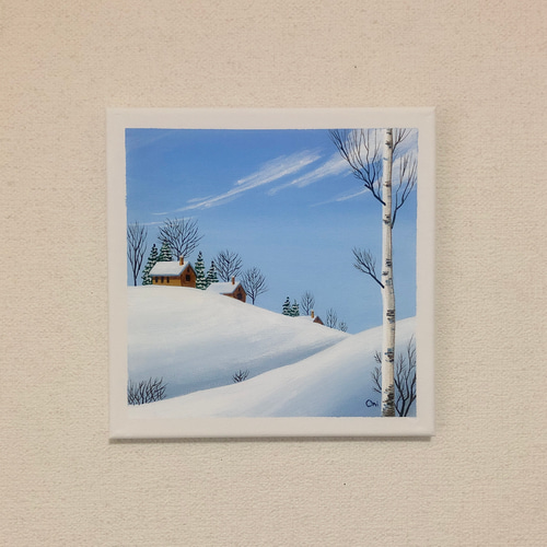 【美品】 冬の晴れた日」アクリル画 原画 キャンバス 25cm角サイズ 風景画 絵画