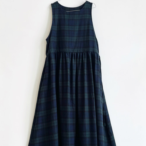 サイドリボンのジャンパースカート * Navy X Green タータン