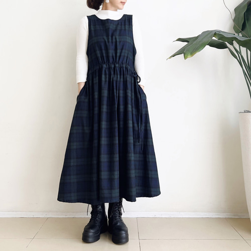 サイドリボンのジャンパースカート * Navy X Green タータン