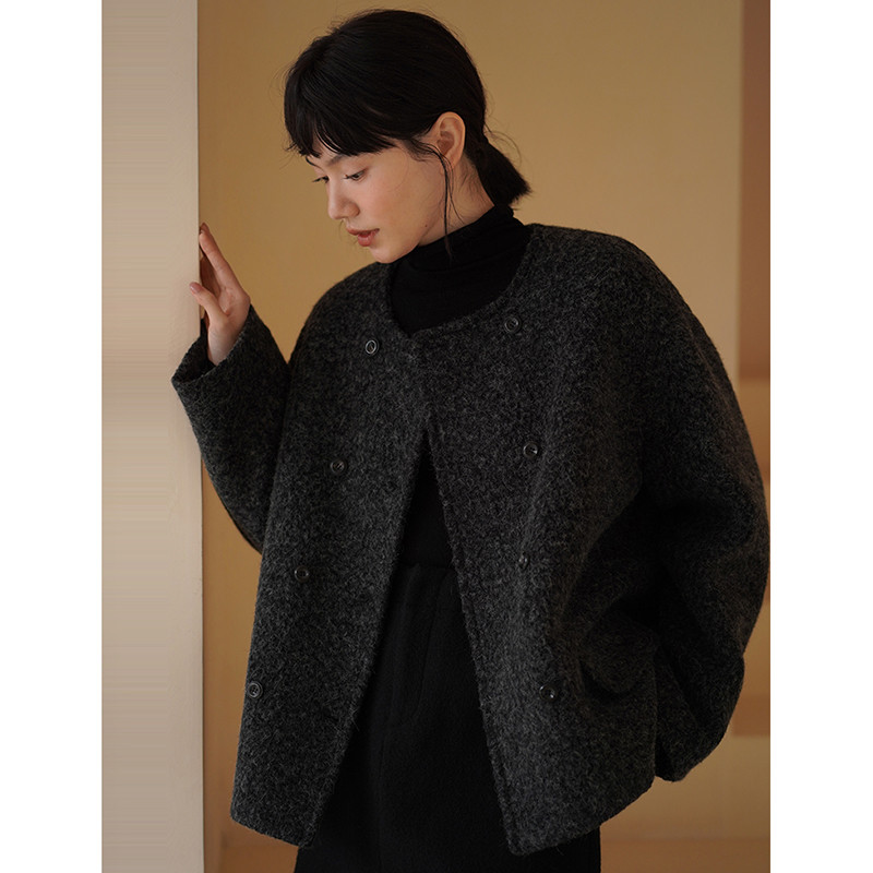 ウール混紡ジャケット　2ラインボタン　裏地付き暖かいショートジャケット　ダークグレー　S-L#651