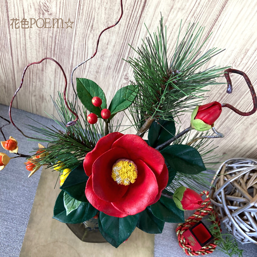 粘土の花〓2ウェイ凛と咲く紅椿＊華やかアレンジ♪ 【約30㎝】和紙鶴