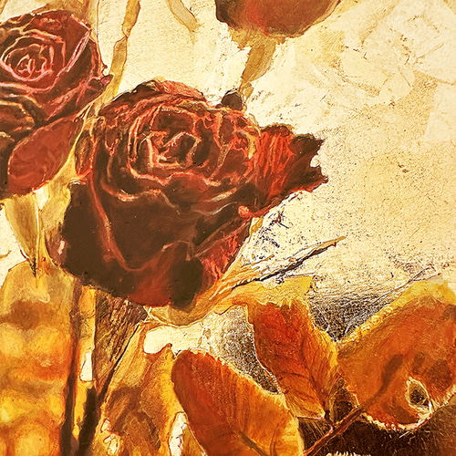 赤いバラの花束の絵-金色の花の絵※純金箔使用 絵画 開運絵師工房 通販