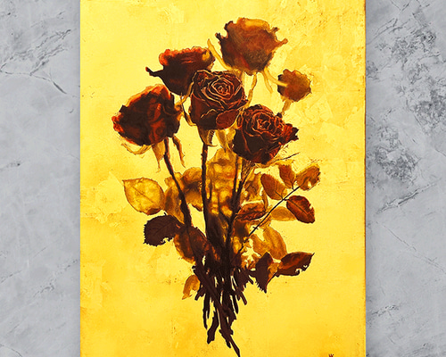 赤いバラの花束の絵-金色の花の絵※純金箔使用 絵画 開運絵師工房