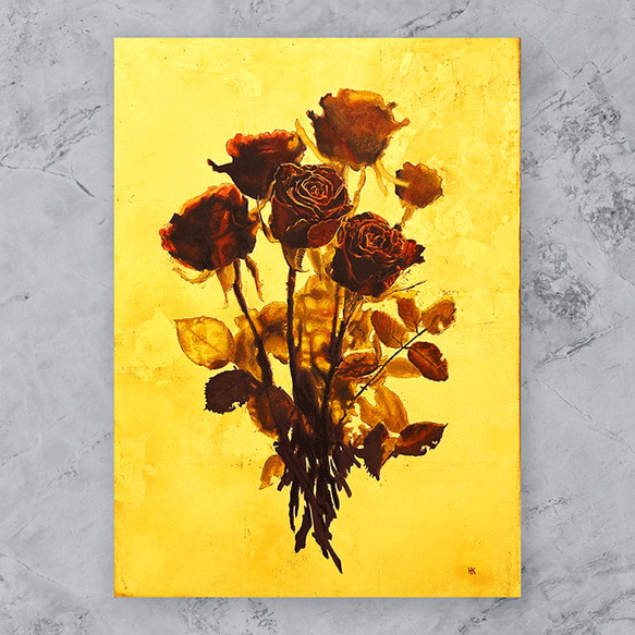 赤いバラの花束の絵-金色の花の絵※純金箔使用 絵画 開運絵師工房 通販
