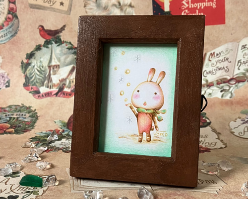 原画 ミニ額 色鉛筆画 【ユキとうさぎと 】 イラスト vanio