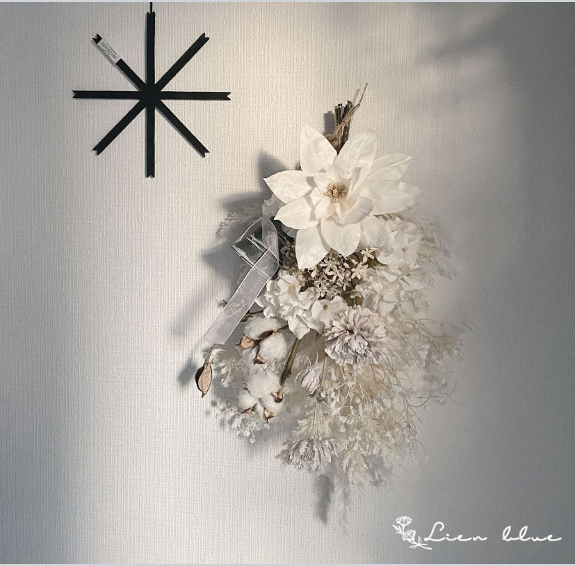 スワッグ ポインセチア 綿の実 花 オフホワイト ソラフラワー 造花 アーティフィシャル