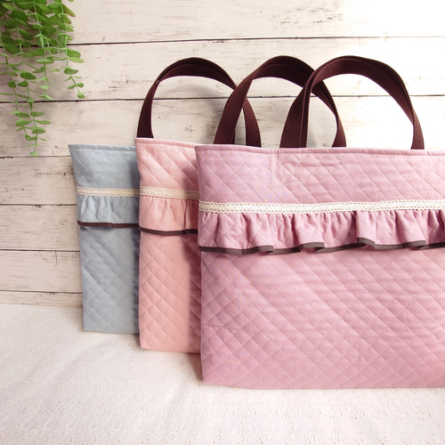 くすみカラー ミントチョコ フリルがかわいいレッスンバッグ/手提げ