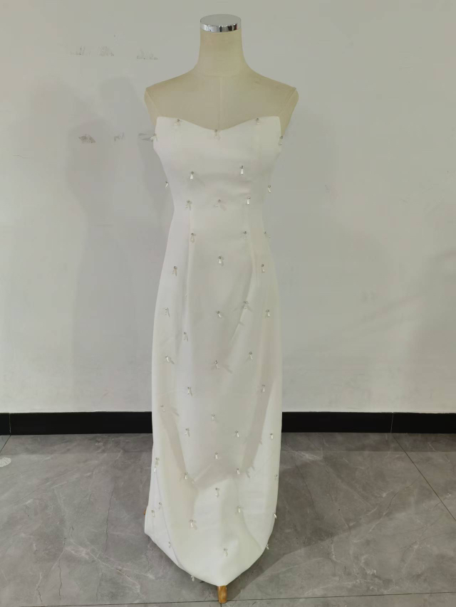 パーティードレス オフホワイト パール ベアトップ スリット ハンドメイド 前撮り