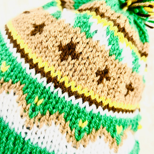 受注制作】耳あて付ニット帽（女性サイズ）⁂エスニックグリーン