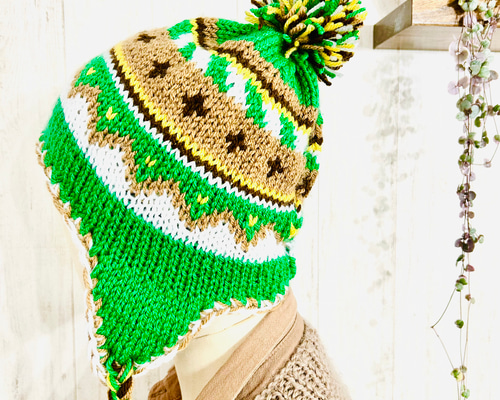 perverze 耳あて付きニット帽 グレー・緑・黄色 a908295f5545b0bf3d430d9fb1ca69