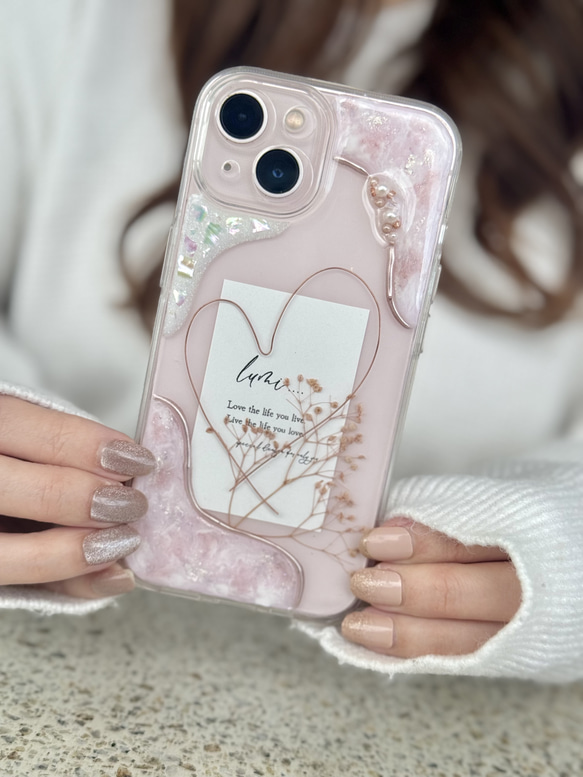 No.58】 ピンク ホワイト ピンクベージュかすみ草付 ニュアンスiPhone