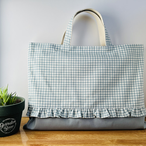 サイズ選択】ラテカラー(ブルー)のギンガムチェック レッスンバッグと