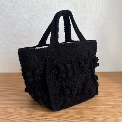 ぽこぽこ編み グラニースクエア ニットトートバッグ｜ブラック｜かぎ針