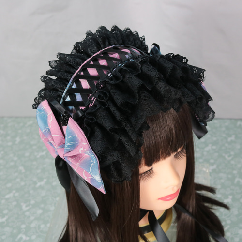 牡丹×編上 ヘッドドレス ロリータ ゴスロリ 和ロリ ヘッドドレス