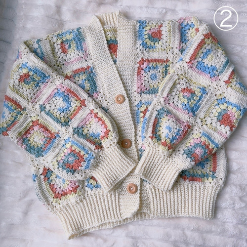 グラニースクエアカーディガン＊フラワーモチーフ 手編み カーディガン