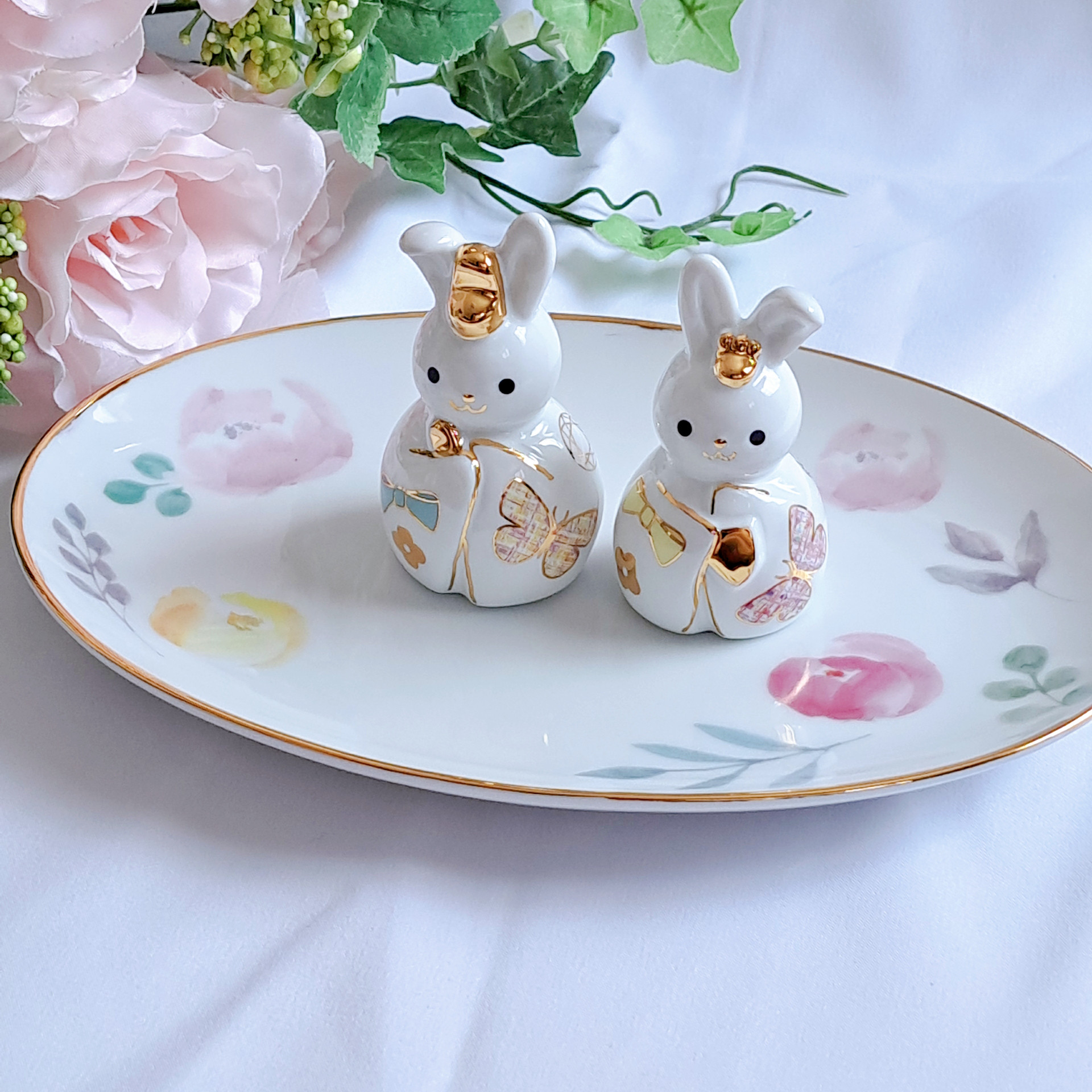 うさぎ　雛　雛人形　桃の節句　フルーツ　ひなまつり　ポーセラーツ　可愛い　シンプル　可愛い　陶器　置物　女の子　ガール