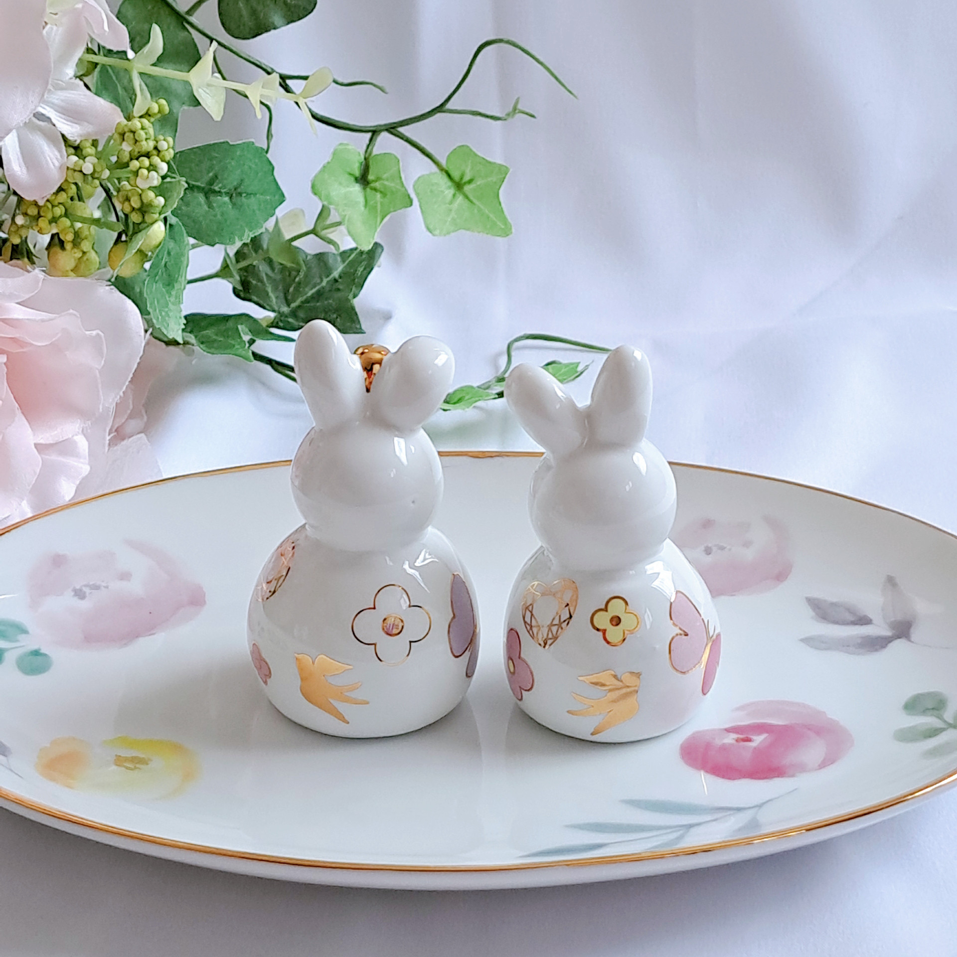 うさぎ　雛　雛人形　桃の節句　フルーツ　ひなまつり　ポーセラーツ　可愛い　シンプル　可愛い　陶器　置物　女の子　ガール