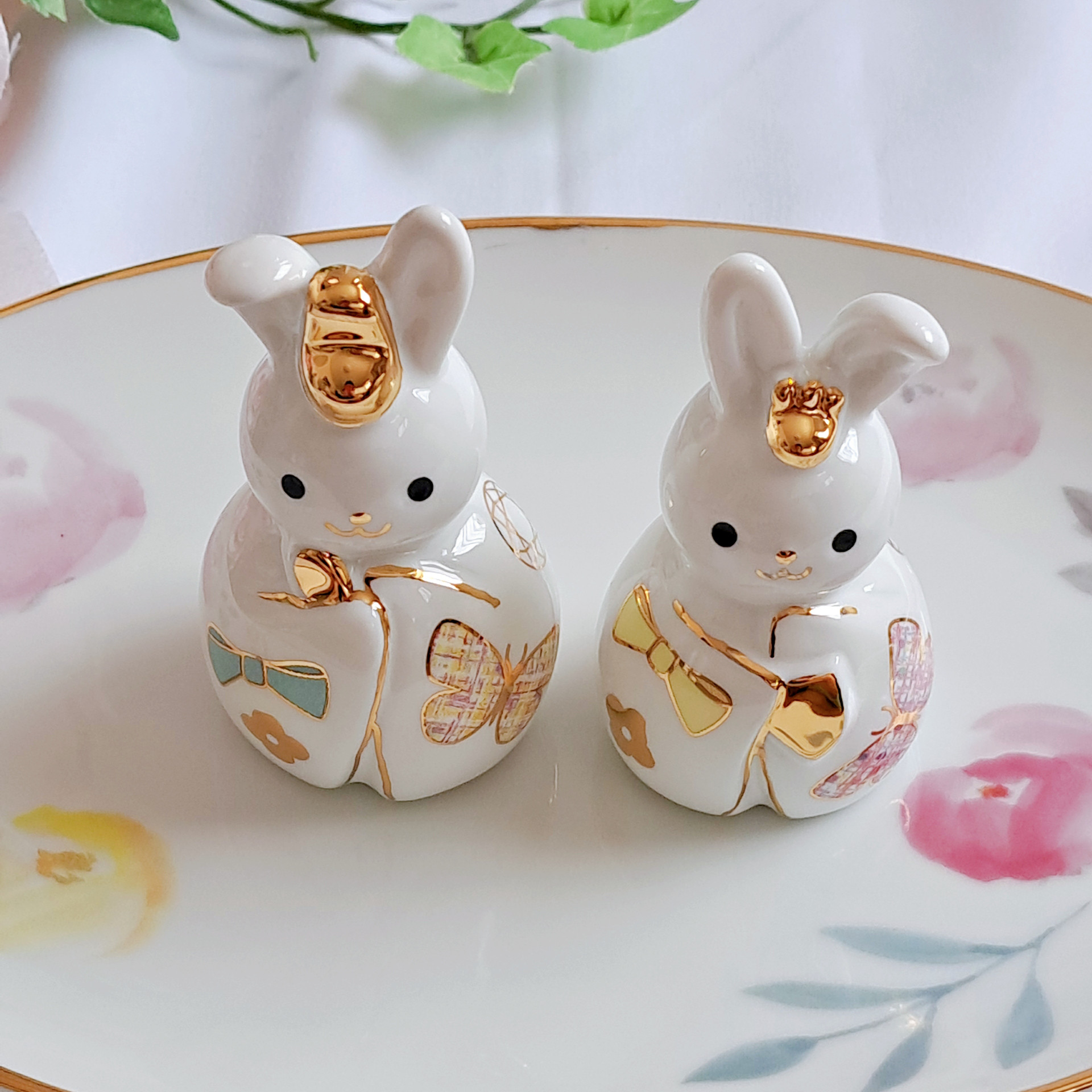 うさぎ　雛　雛人形　桃の節句　フルーツ　ひなまつり　ポーセラーツ　可愛い　シンプル　可愛い　陶器　置物　女の子　ガール