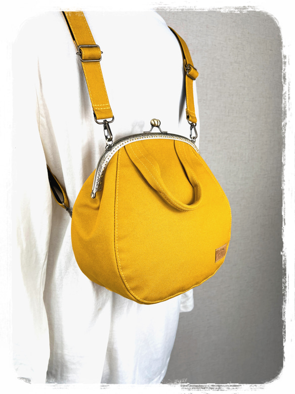 66.受注制作/送料込 3waybag　マスタード25cmがま口リュック&ショルダー＆ボストン 3枚目の画像