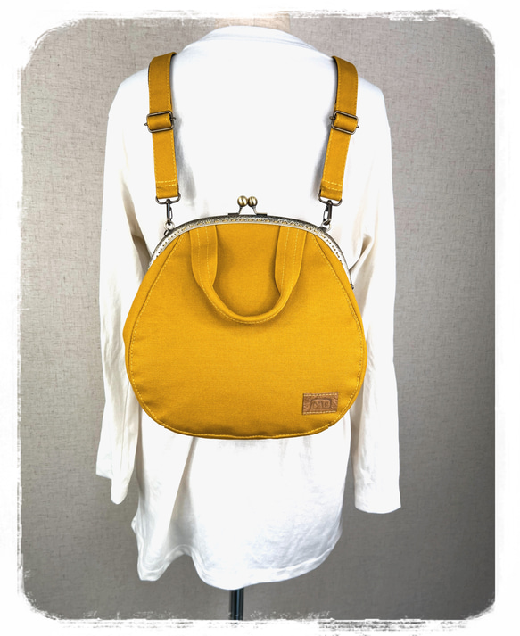 66.受注制作/送料込 3waybag　マスタード25cmがま口リュック&ショルダー＆ボストン 1枚目の画像