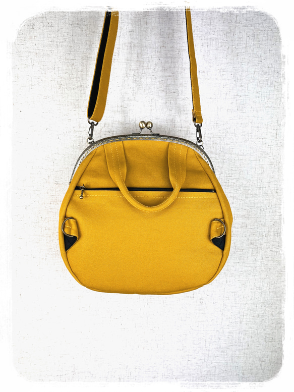 66.受注制作/送料込 3waybag　マスタード25cmがま口リュック&ショルダー＆ボストン 6枚目の画像