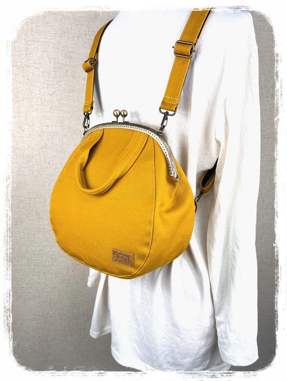 66.受注制作/送料込 3waybag　マスタード25cmがま口リュック&ショルダー＆ボストン 2枚目の画像