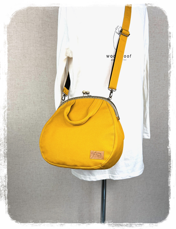 66.受注制作/送料込 3waybag　マスタード25cmがま口リュック&ショルダー＆ボストン 5枚目の画像