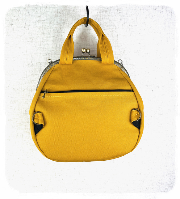 66.受注制作/送料込 3waybag　マスタード25cmがま口リュック&ショルダー＆ボストン 7枚目の画像