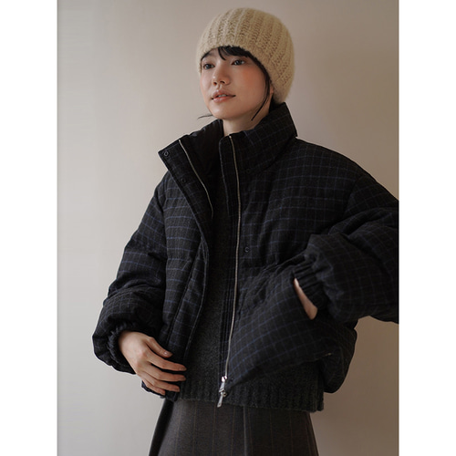 チェック柄ハイネックダウンジャケット 格子柄ショートダウン