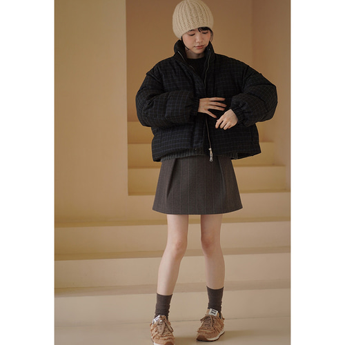 ダウンジャケット ブラック・チェック柄 チェック柄ハイネックダウンジャケット 格子柄ショートダウン