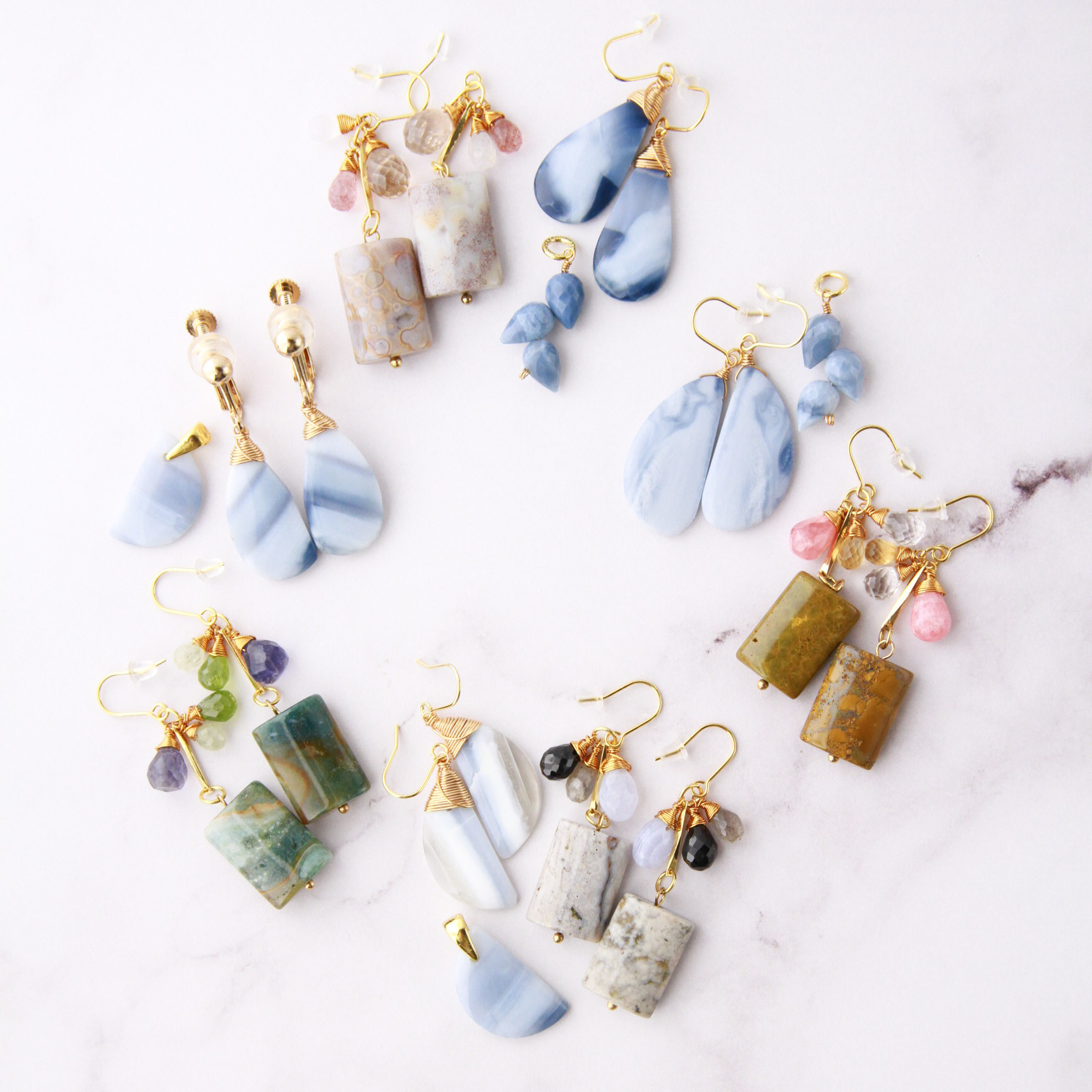 【福袋3点セット】ブルーオパール・ブラッドストーン　耳飾りとチャーム