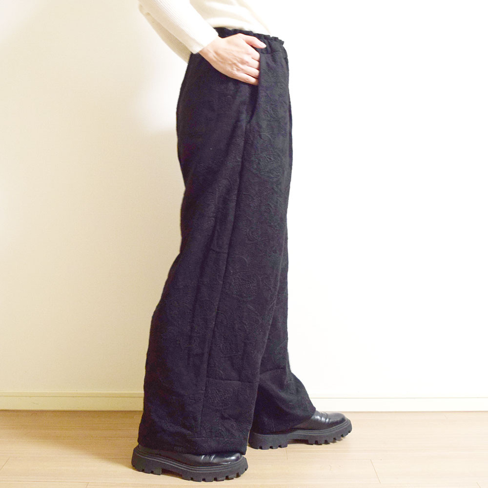 ペイズリー柄総刺繍☆綿麻ボタニカルジャガード☆ワイドパンツ☆ブラック 13,680円