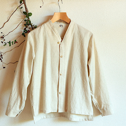 アシンメトリーカラータックシャツ(生成り/麻混綿/長袖/unisex M