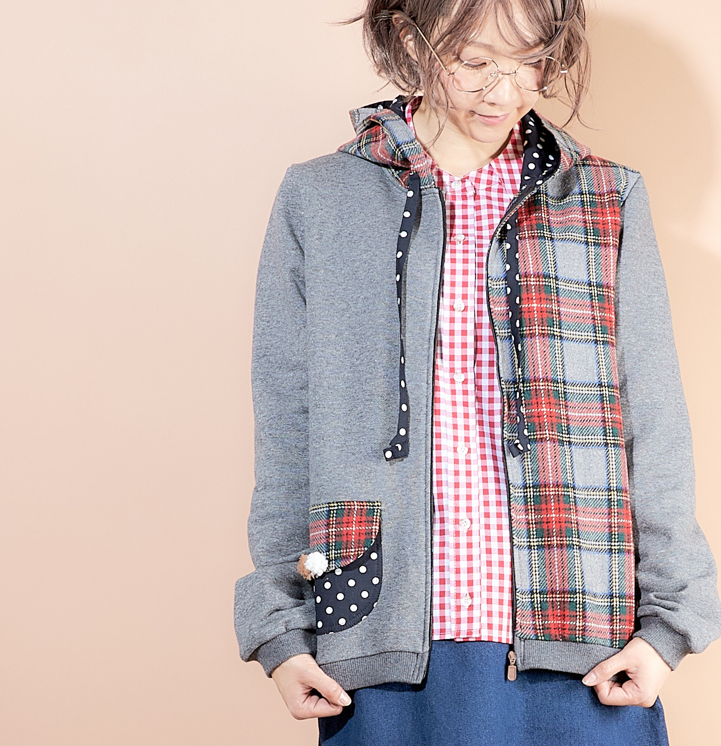 チェックmixフードパーカー♡