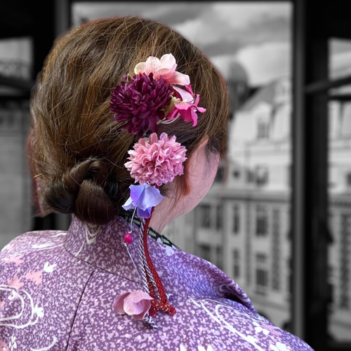 送料無料】髪飾り 成人式 七五三 花 ピンク 紫 2WAYハイカラさんの