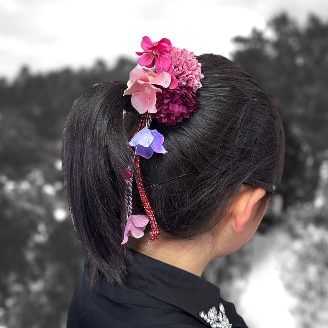 【送料無料】髪飾り　成人式　七五三　花　ピンク　紫　2WAYハイカラさんのゆらゆらお花飾り(乙女の祈り)