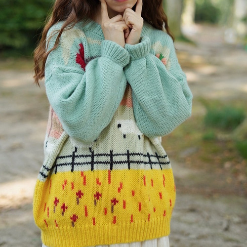 特別価格】モヘア60% ひつじ柄 手編みニット セーター 厚みあり ニット