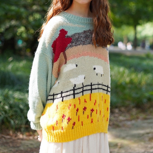 特別価格】モヘア60% ひつじ柄 手編みニット セーター 厚みあり ニット